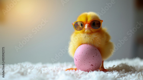 A charming and whimsical image of a fluffy yellow chick confidently wearing stylish orange sunglasses while posing with a speckled pink Easter egg. Set against a softly lit neutral background