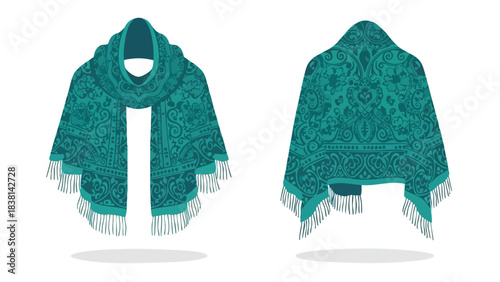 Elegant turquoise shawl showcasing intricate patterns and delicate fringe detailing, portraying a sense of luxurious comfort and refined fashion