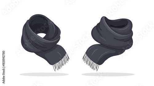 Two illustrated cozy dark gray scarf with tassels, on a white background, winter season accessory clothing  style