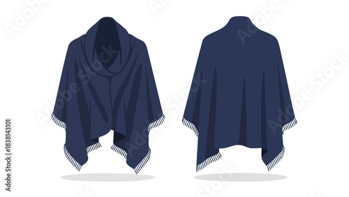 Stylized Vector Illustration: Front and Back Views of a Navy Blue Poncho with Fringe detailing showcasing elegant drape and design 151 characters