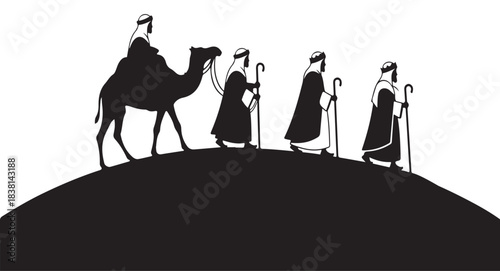 Camel Caravan Silhouette with Three Kings on Hill on White Background magi nativity