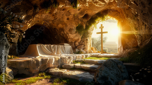 Empty Tomb with Cross at Sunrise Symbolizing Resurrection. Stone tomb with linen and wooden cross inside, lit by a glowing sunrise, representing the resurrection of Jesus Christ.