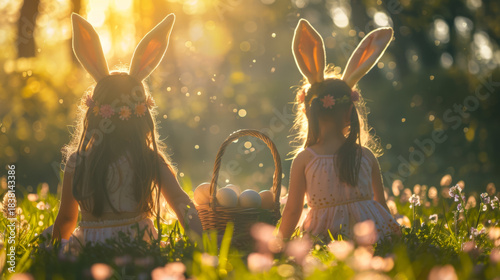 Two girls in bunny ears sitting on grass with Easter basket at sunset, joyful spring vibe