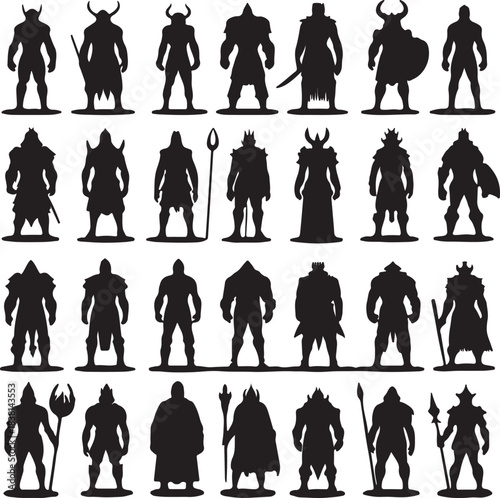 Majestic monochrome silhouette grid featuring diverse mythological creatures and fantasy characters, showcasing bold outlines, iconic forms, and dynamic legendary figure poses.