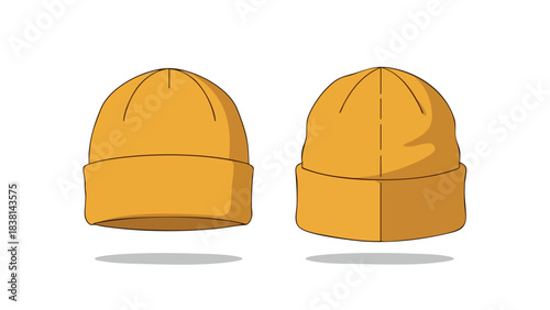 Matching Mustard Beanies: A Warm and Cozy Winter Apparel Concept with Clean Lines and Shadows on a White Background