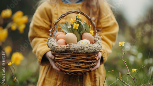 Close-up of a child holding a wicker basket filled with pastel Easter eggs and fresh yellow spring flowers, wearing a mustard-yellow coat in a blooming outdoor setting.