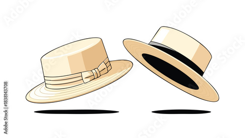 Vintage Straw Boater Hats Elegantly Floating in Mid-Air with Classic Design and Timeless Appeal Depicted with Artistic Precision and Detail
