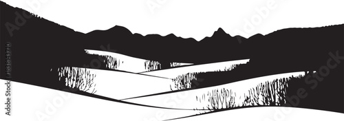 Black and white landscape with rolling hills and mountains