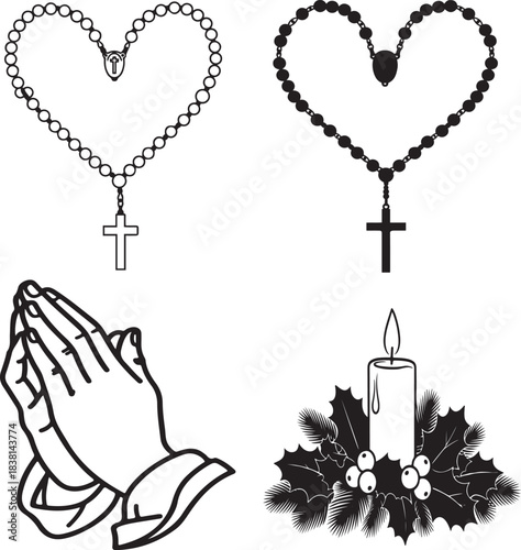 Rosary Beads Praying Hands Candle Holly Religious Icons vector illustration