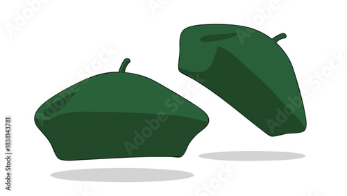Stylized image showcasing two green berets on a white background for fashion illustration emphasizing minimalist design and modern headwear aesthetic