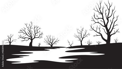 Bare trees silhouetted against white sky with water reflection