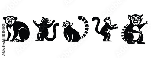 laughing lemur silhouette icon set. Animals icons collection. Animal silhouette icons. Isolated on White background