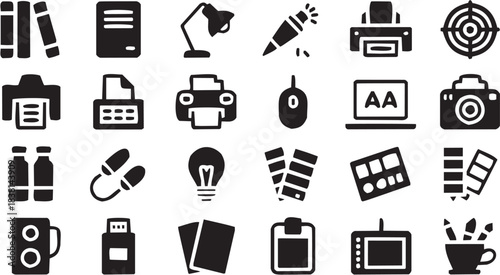 Technology and Office Icons Including Computer Printer and Briefcase. A black-and-white illustration representing business tools.