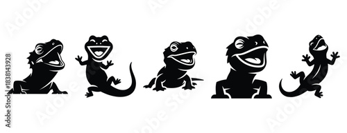 laughing lizard silhouette icon set. Animals icons collection. Animal silhouette icons. Isolated on White background