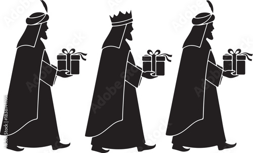 Three Silhouettes of Wise Men with Gifts Walking in a Line kings magi