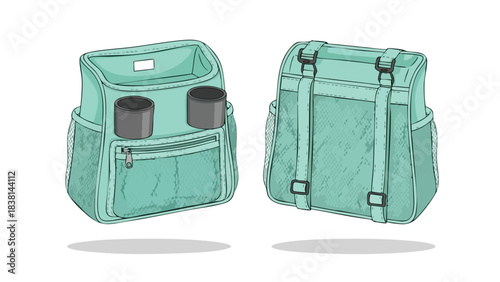 Stylish aqua diaper backpack illustration, showcasing practical compartments and adjustable straps, ideal for modern parents on the go