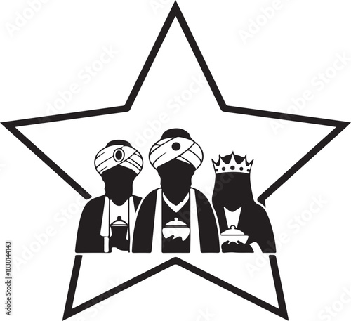 Three wise men in a star silhouette holding gifts on a white background vector illustration