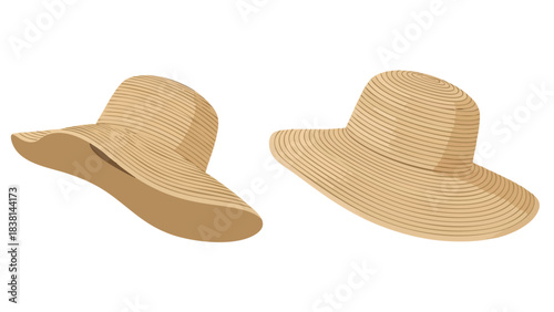 Elegant sun hats pair in a gentle harmony, evoking vacation, relaxation, and chic elegance, poised for sunny days and stylish summer protection