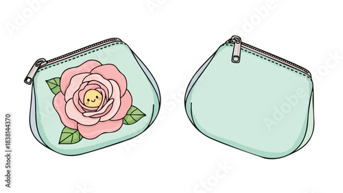 Charming Handcrafted Coin Purses with Rose Embellishments and Zipper Closure, Isolated on Pure White Backdrop