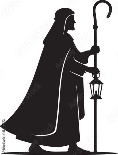 Silhouette of a shepherd holding a lantern and staff on a white background vector illustration