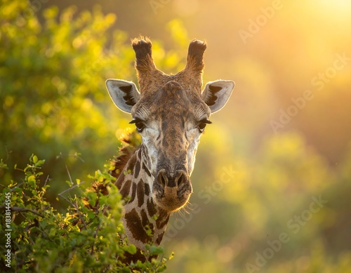 Giraffe headshot, amidst lush greenery, bathed in warm golden sunlight, eye-level close-up of gentle giant