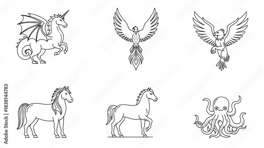 Fototapeta premium Mythical creatures compilation in linear style showcasing fantasy world elements design