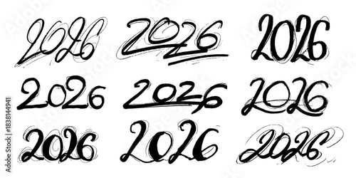 Happy new year 2026. Set of hand drawn numbers of the year 2026, isolated on a white background. Holiday greeting card element design.