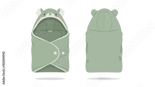 Adorable Cartoon Baby Swaddle Blanket with Bear Hood Design and a Simple Green Color Scheme for Newborn Care and Comfort
