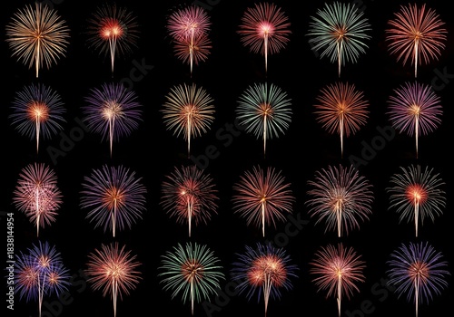 Vibrant multicolored fireworks bursting in night sky, festive celebration display with sparkling bursts and radiant patterns


