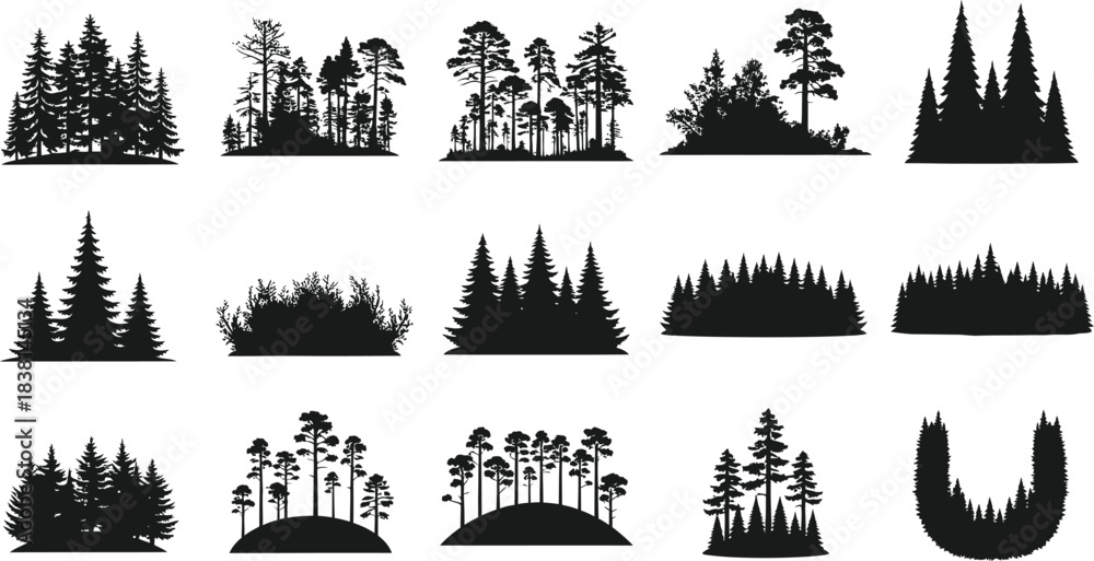 Fototapeta premium Collection of black silhouette forest trees and woodland scenes for design elements