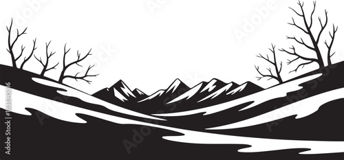 Black and white winter landscape with bare trees and mountains