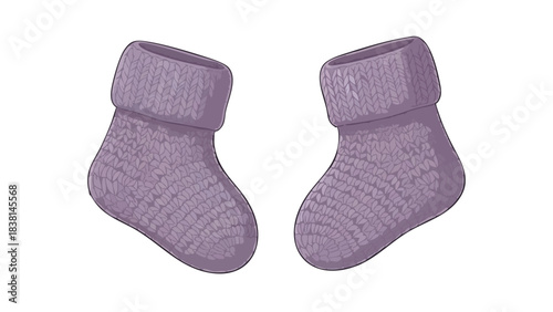 Delicate pair of lilac knitted baby booties isolated against a plain white backdrop, perfect for newborns