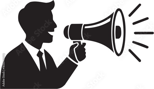 Person Speaking Through Megaphone. A black-and-white icon representing communication and leadership