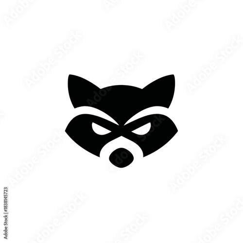Sleek black raccoon head icon, minimalist animal symbol, vector graphic on white background, simple flat design for wildlife branding.