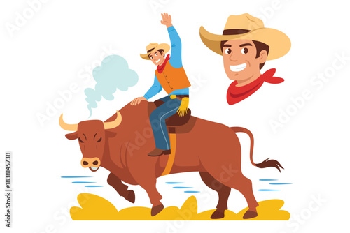 Excited cowboy rides a bucking bull in a rodeo competition, with a portrait of a smiling man nearby