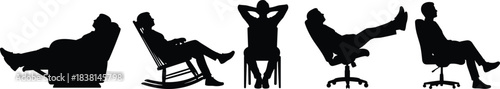 Silhouette people sitting in various chairs, relaxed postures, office chair, armchair, rocking chair, ergonomic seating, casual sitting, vector illustration