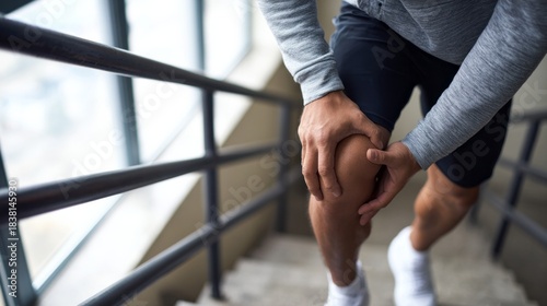 Man suffering from severe knee pain after exercising, standing on stairs and clutching his injured leg. The pain is intense. Knee pain