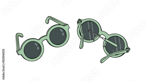 Two pairs of trendy round sunglasses in a muted green tone arranged side by side against a clean white backdrop offering a minimalist aesthetic
