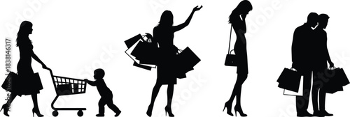 Silhouette shoppers with bags, family and couple shopping scenes, retail lifestyle illustration showing people walking, carrying purchases, and pushing carts in stores