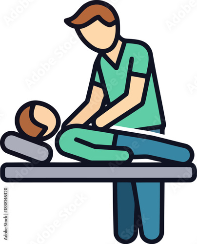 Vector icon of physiotherapist performing physical therapy on a patient lying on a treatment table white