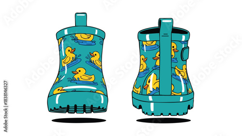 Whimsical waterproof footwear, splash ready teal rain boots adorned with playful yellow ducklings swimming in a delightful aquatic motif