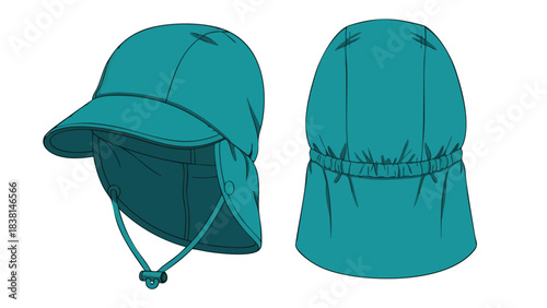 Illustration of a teal children's sun hat designed to protect from sun exposure outdoor with drawstring for a secure and comfortable fit