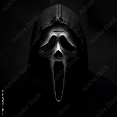 Dark Horror Figure in Hood with Ghostface-Skull Hybrid Mask