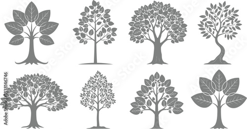Collection of detailed black and white tree silhouettes in various shapes and sizes