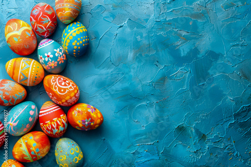 Easter eggs with folk-style patterns on textured blue background in colorful festive cluster