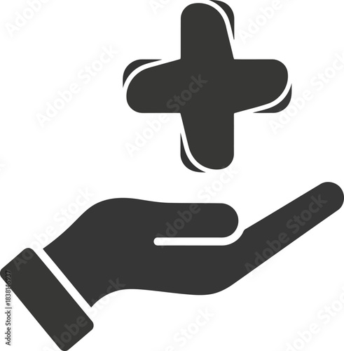 Vector icon of hand holding a medical plus sign icon, white