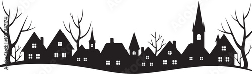 Black silhouette of a village with bare trees and glowing windows