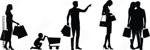 Silhouettes of shoppers carrying bags, family shopping scenes, retail consumer activity, modern lifestyle illustration depicting people in various poses during store visits