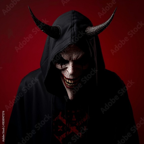 Close-Up Portrait of Hooded Figure with Black Skull Mask