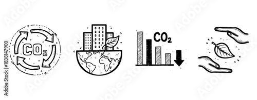 Co2 reduction: sustainable cities and environmental impact in illustrated icons